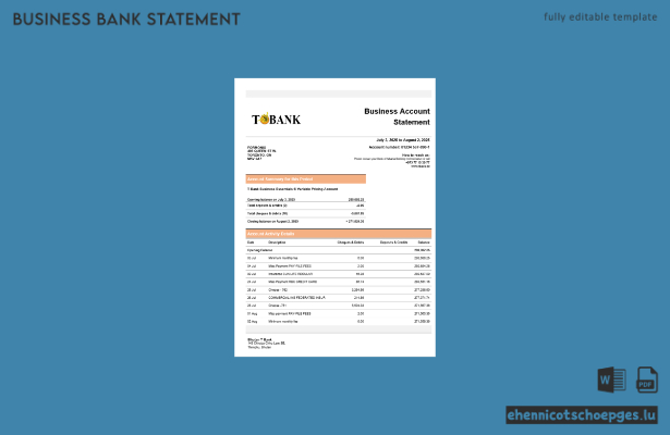 T-Bank-Geschäftskontoauszug im Word- und PDF-Format – Beispielvorschau